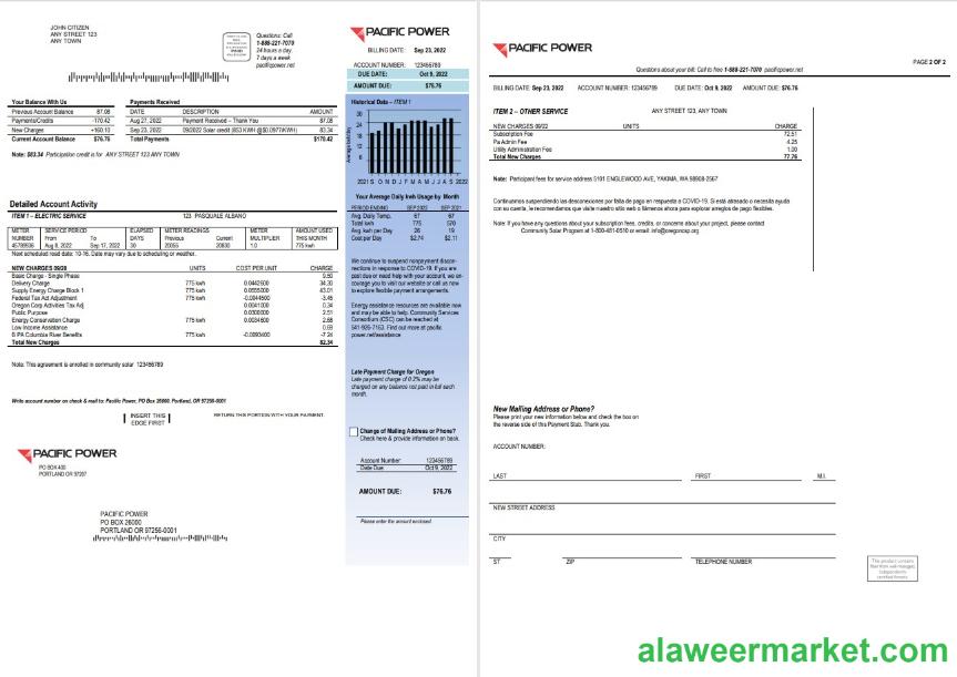USA Pacific Power utility bill, Word and PDF template, 2 pages